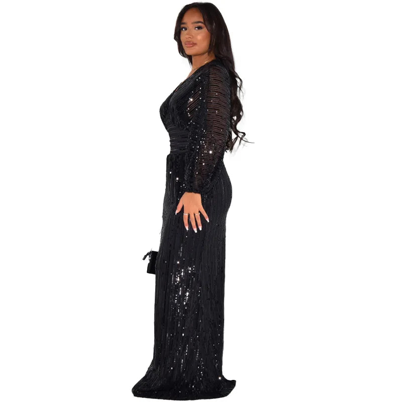 Women Sequins Splice Dress V Neck Full Sleeve A Line Evening Dresses Party Solid High Waist Long Skirts Office Lady Prom - reetell