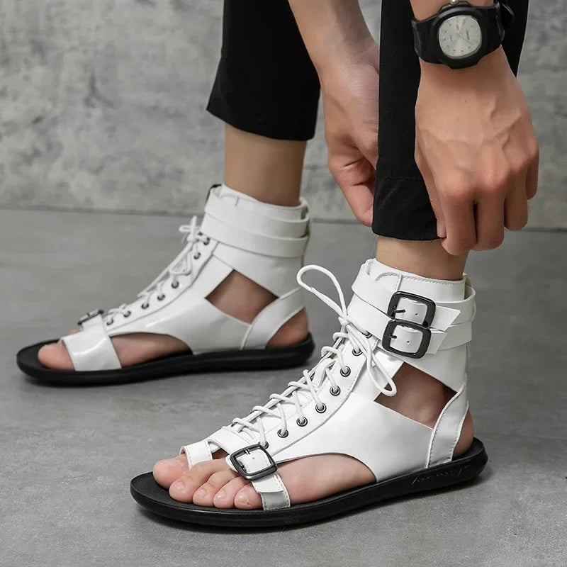 Summer New Men Gladiators Lace Up Buckle Leather Casual Shoes Breathable Beach Sandals Outdoor Slippers Black White Plus Size