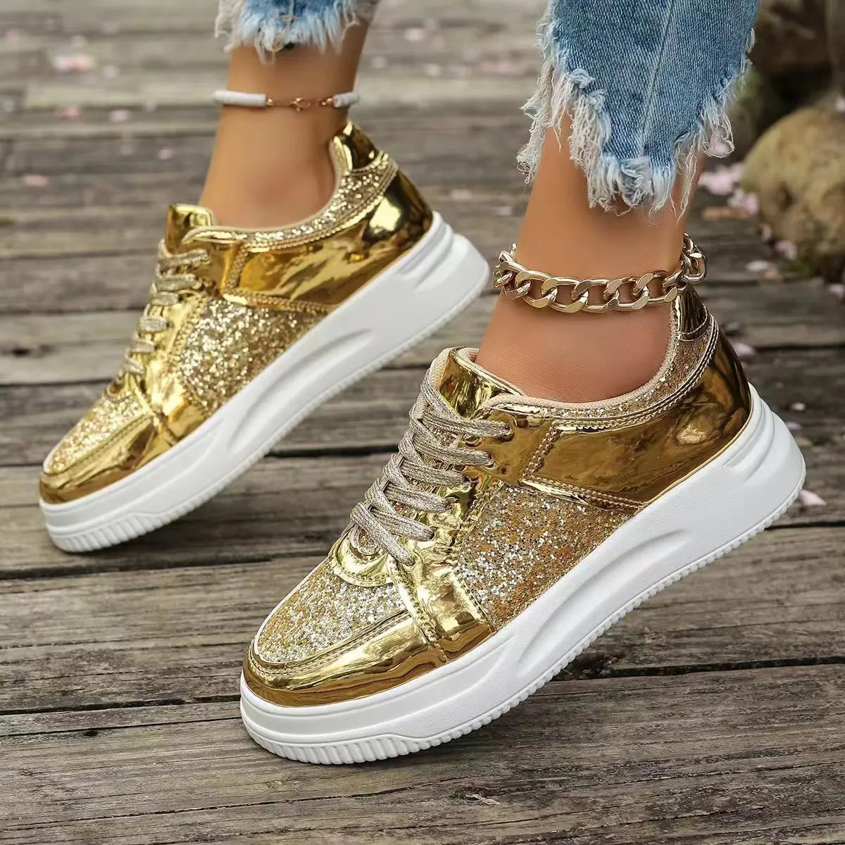 Women's Gold Sequins Platform Sneakers Autumn Fashion Casual Sports Shoes Thick Bottom Vulcanized Shoes Woman Flats Heels Shoes