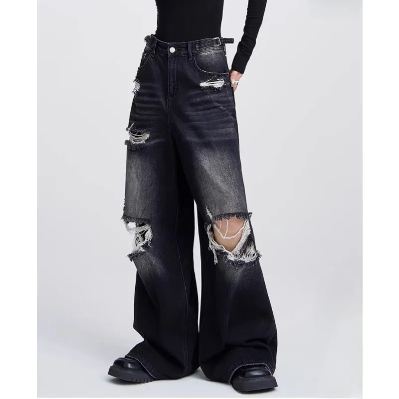 QWEEK Oversized Ripped Woman's Jeans Y2k Korean Fashion Vintage Denim Pants Grunge Wide Leg America High Street Retro Trousers - reetell