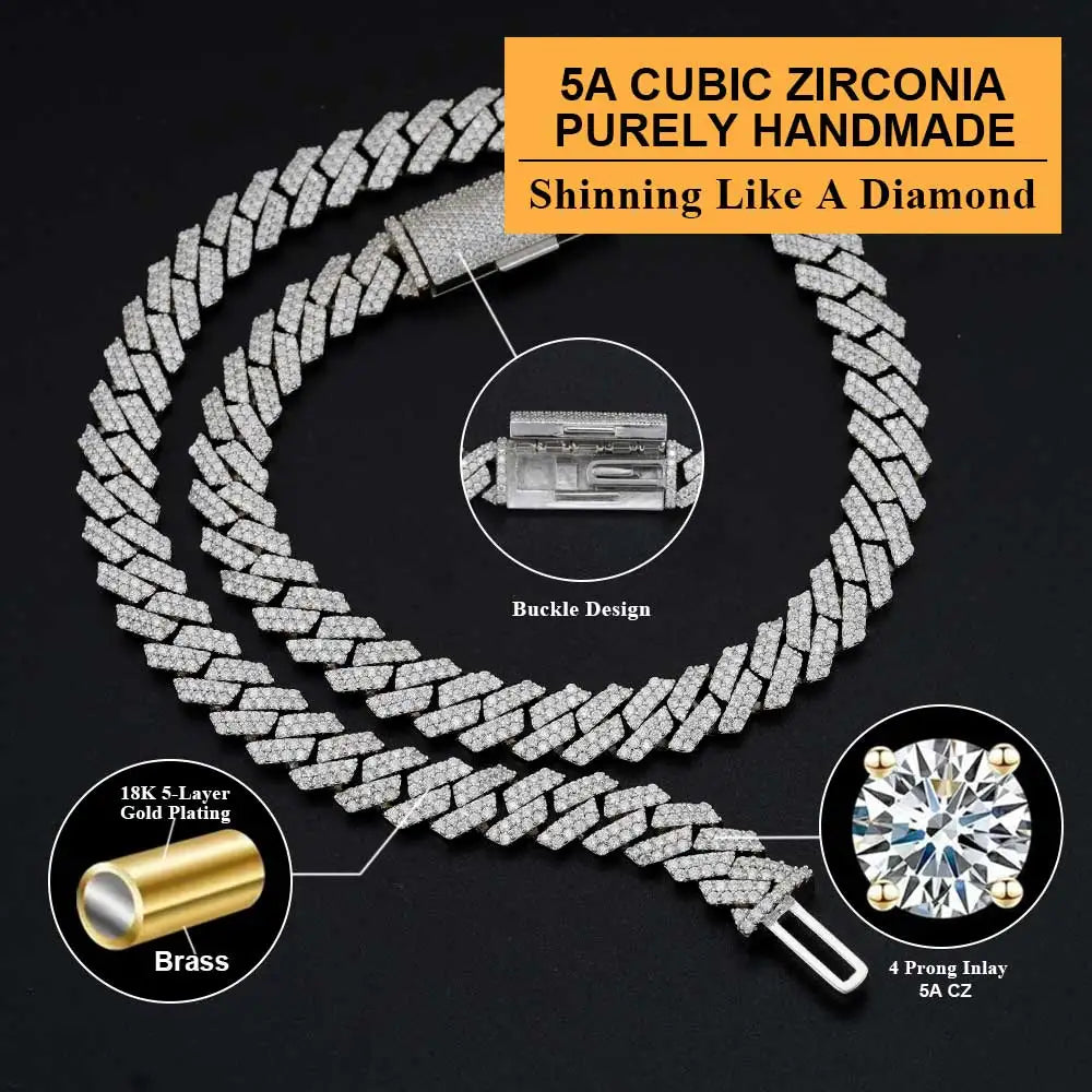 Iced Out 10-20mm Mens Miami Cuban Link Necklace Hip Hop CZ Cubic Zirconia Bling Prong Cuban Chain