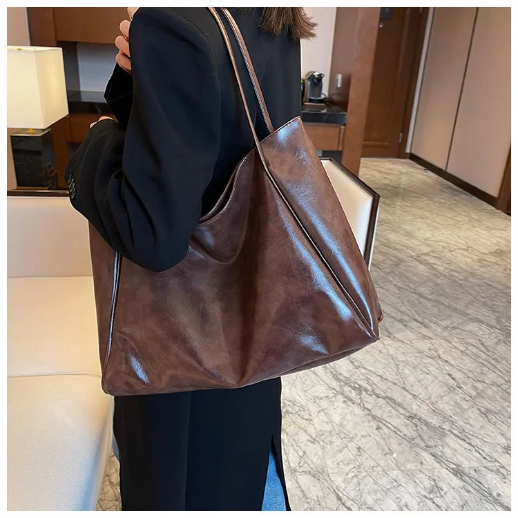 Women Tote Bag Fashion Underarm Pouch Large Capacity Soft Pu Leather Shoulder Bag Retro Crossbody Bag Casual Portable Bucket Bag