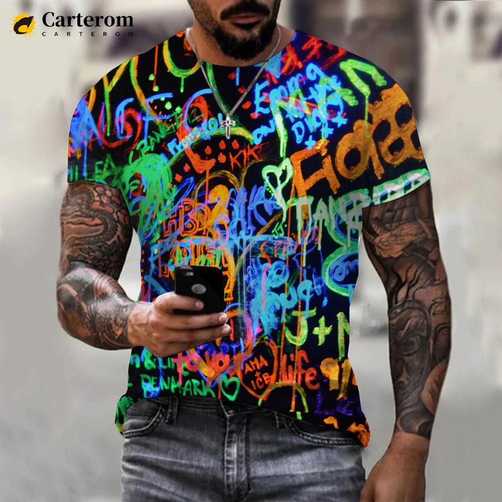 2022 New Fashion Neon Graffiti Printed 3D T-shirt Men Women Summer Casual Short Sleeve Hip Hop Harajuku Streetwear Tops - reetell