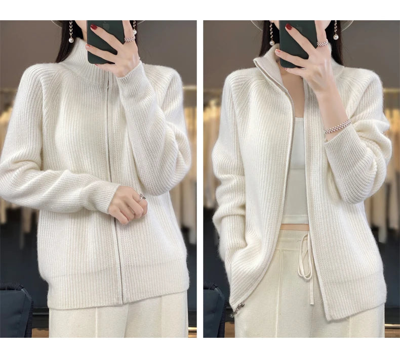 100% Pure Wool Zipper Cardigan Padded Shoulder Stand Collar Women's Cashmere Knitted Coat New Lapel Sweater - reetell