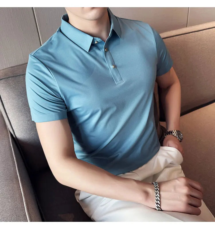 Ice Silk Traceless T-shirt Men's  Business Casual Solid Color Half Sleeve High Elasticity Top Silk Smooth Breathable POLO Shirt