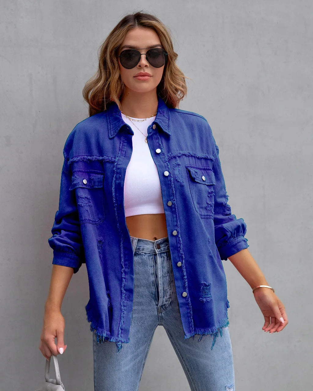 Women's Casual Lapel Mid-length Denim Jacket with Ripped Raw Edges