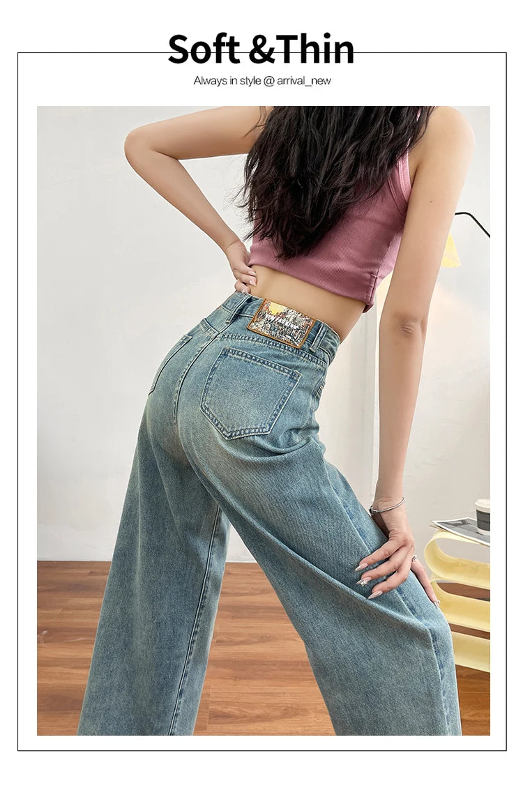 No stretch women jeans new straight leg wide streetwear high waist boyfriend pockets denim trousers cargo pants japanese y2k - reetell