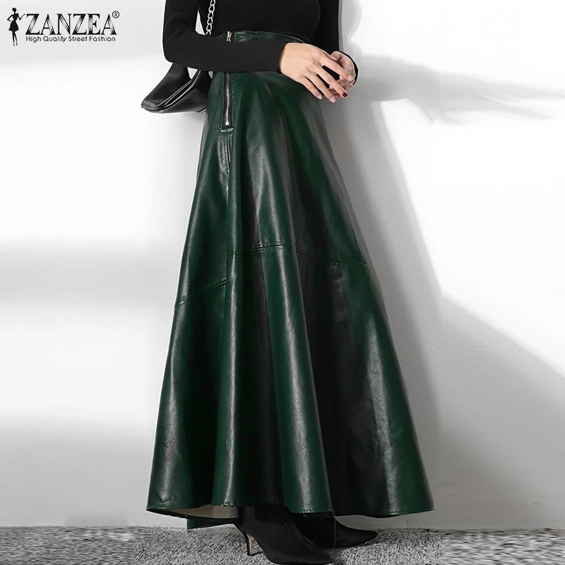 2023 Fashion Solid Mujer Faldas ZANZEA PU Leather Maxi Skirts Women's Elegant OL Long Saias Casual High Waist Zipper Jupe Femme - reetell