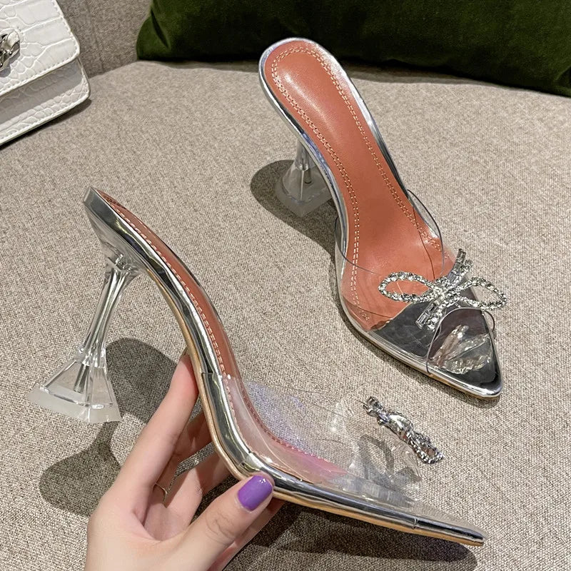 Big size 35-45 Rhinestones Bowknot Transparent PVC Women Slippers Elegant High heels Summer Shoes Sandals Fashion  Mules Slides