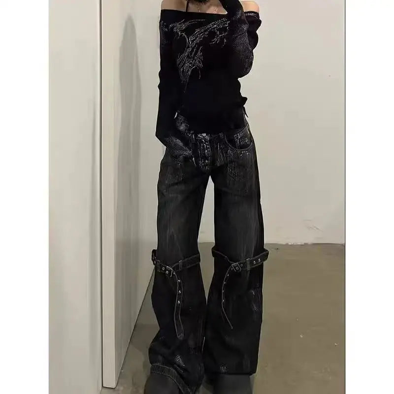 HOUZHOU Black Women's Jeans High Waist Hip Hop Straight Fashion Pants Streetwear Harajuku Y2K Star Female Wide Leg Denim Trouser - reetell