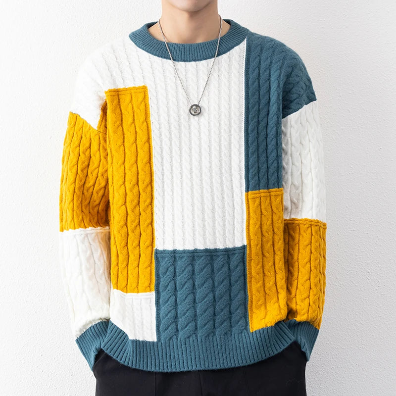 New Spring Winter Fashion Patchwork Loose Sweater Men Streetwear High Quality Mens Casual Sweaters Warm Knitting Pullovers Men - reetell