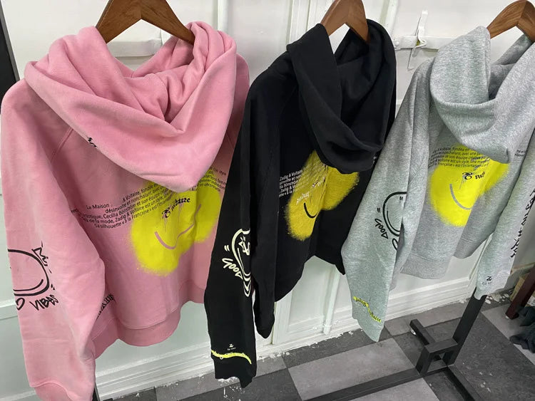 Letter Happy Face Sweatshirt For Women Long Sleeve Fleece Sweatshirt Fashion Casual Pullover Pocket Cotton Hoodie Sweatshirt - reetell