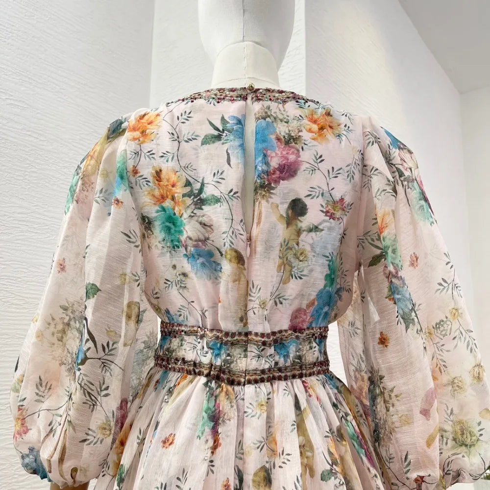 2024 New Collection Multicolor Floral Print 3/4 Sleeve Diamonds Pressed Deep V-neck High Quality Linen Silk Women Mini Dress - reetell