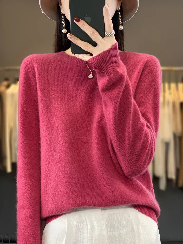 100% Merino Wool Sweater Women  Cashmere Pullover Knitwear Autumn Winter O-neck Solid Color Fashion Basic Female Clothes Tops - reetell