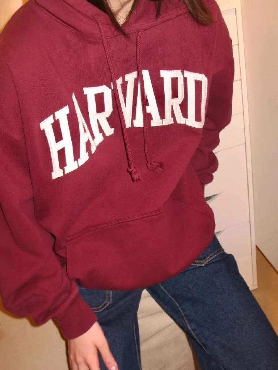 Casual Women Cotton Navy HARVARD Embroidered Hoodies 2023 Fall Vintage Long Sleeves Sweatshirts Female Loose Pullovers - reetell