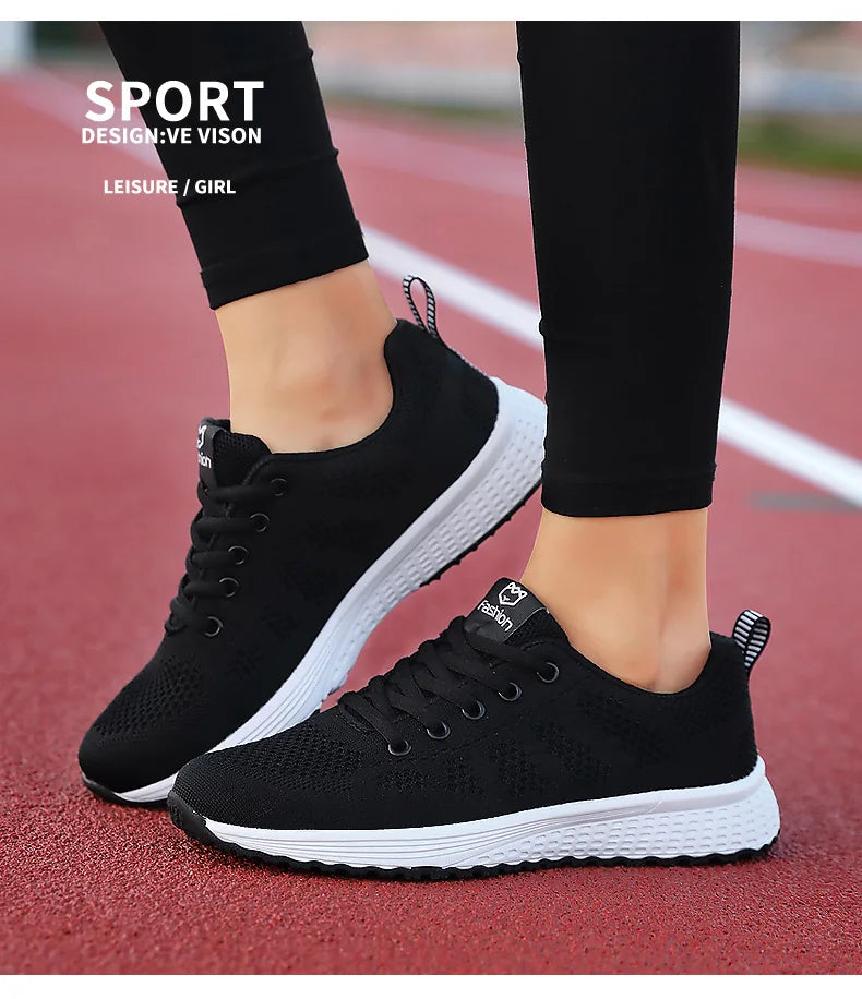 Women Casual Shoes Breathable Walking Mesh Lace Up Flat Shoes Sneakers Women Tenis Feminino Pink Black White - reetell