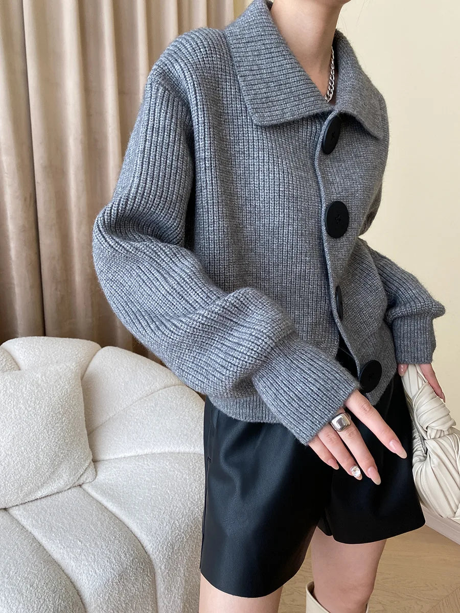 Fashion Big Button Cardigan for Women Loose Thickening Turn-down Collar Knit Sweater Autumn and Winter 2024 Grey Cardigan Coat - reetell