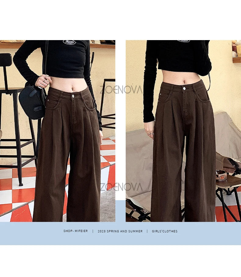 ZOENOVA Spring Autumn Korean New Fashion Dark Brown Women's Jeans Street Casual Wide Leg Pants Loose Straight Versatile Trousers - reetell