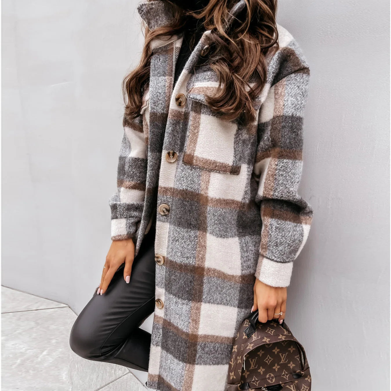 Single Breasted Trench Coat Fashion Long Autumn Winter Women's Clothing Long Sleeve Woolen Plaid Overcoat Coat - reetell