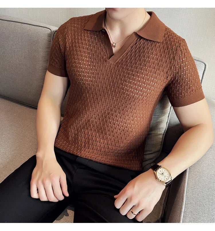 Men's Polo Shirt 2024 Summer New Light and Thin Knitted Hollow Solid Color Casual Short Sleeved V-neck T-shirt Men's Clothing