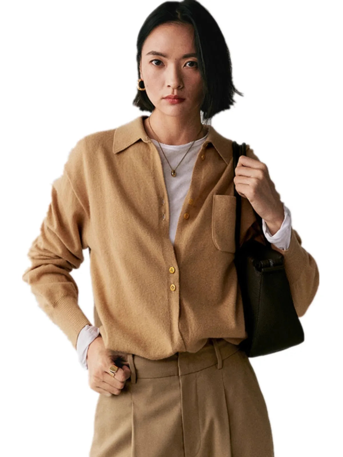 Europe station loose mid-length POLO collar 100% cashmere knit cardigan women's spring and autumn large size lapel sweater - reetell