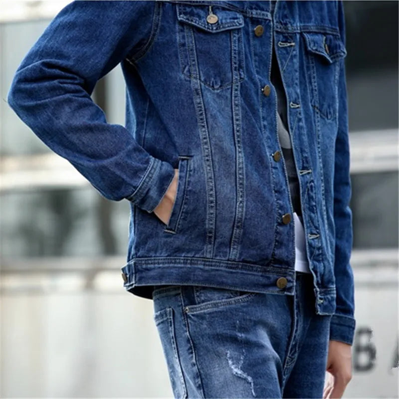 New Spring Autumn Men's Denim Jackets Casual Streetwear Outerwear Solid Color Single Breasted Turn Down Collar Denim Jacket Men