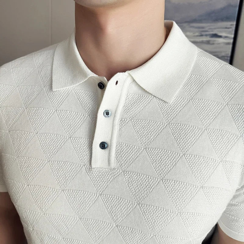 High-quality Men's Jacquard Polo Shirt, Business Casual Men's Solid Color Short-sleeved Top,  Geometric Pattern Men's T-shirt.