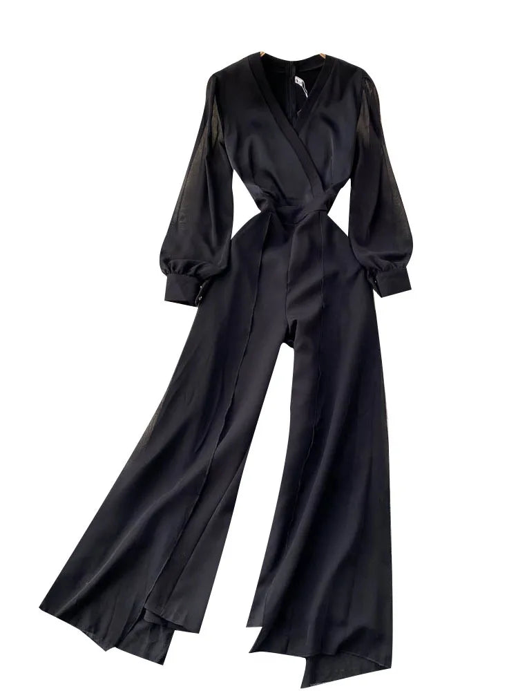 EWQ Elegant Style Chic Jumpsuit Women V-neck Long-sleeve Mesh Patchwork Solid Color Female Jumpsuits Autumn 2023 New 27SN3727