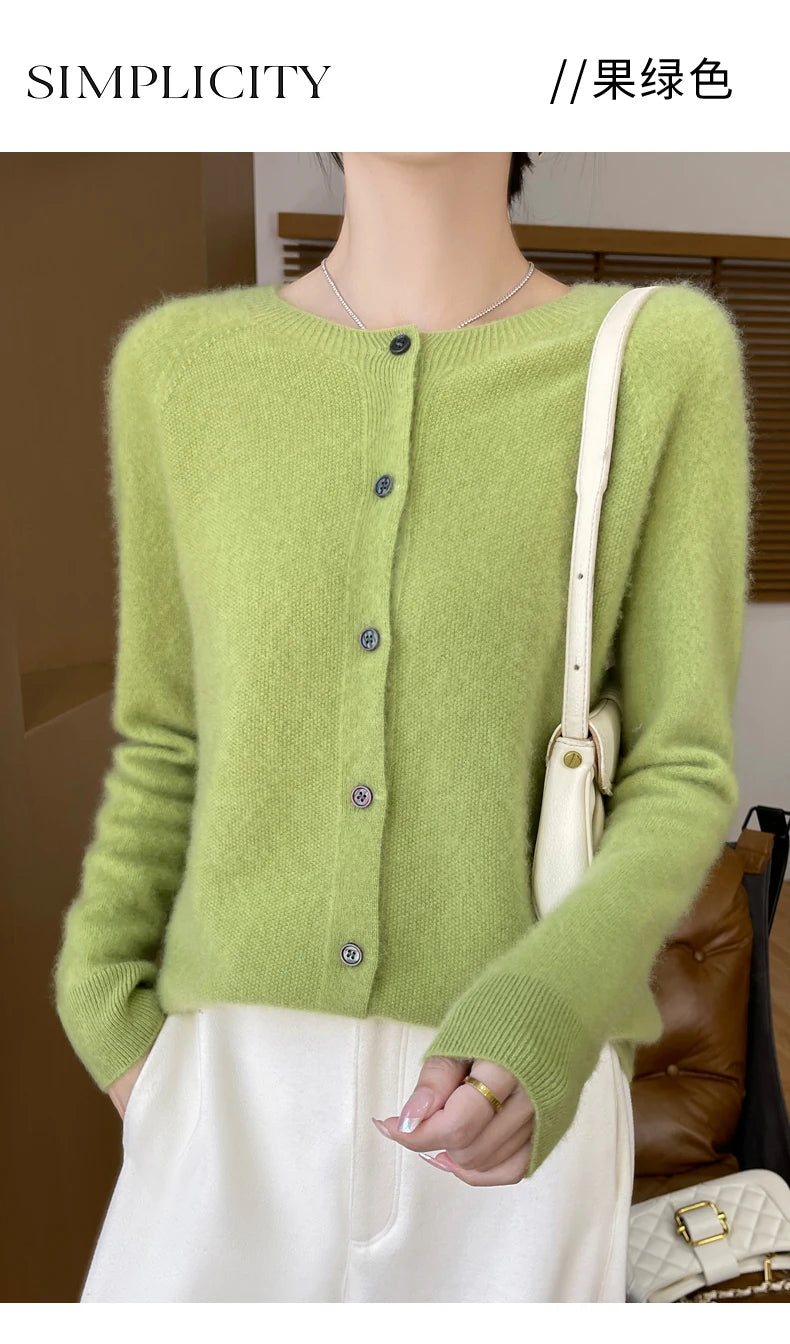 100% Merino Wool Long Sleeve Sweaters Cashmere Cardigan Spring Autumn Women O-Neck Knitwear Tops Clothing Fashion Basic Tops - reetell