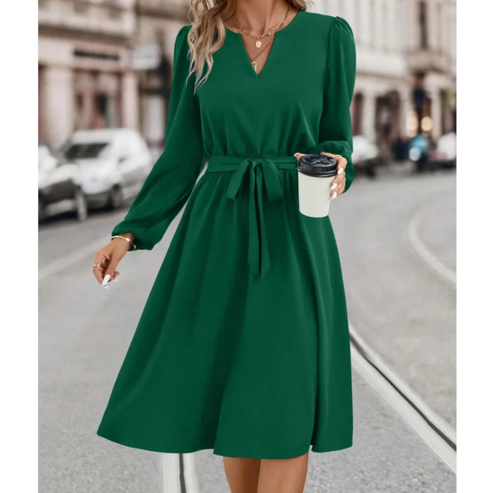 Elegant Women's Solid Color Lace Up Knee Length Dress 2024 New Autumn Winter Women's Long Sleeved V-neck Dress Vestido Femininos - reetell