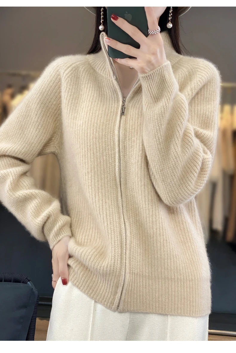 100% Pure Wool Zipper Cardigan Padded Shoulder Stand Collar Women's Cashmere Knitted Coat New Lapel Sweater - reetell