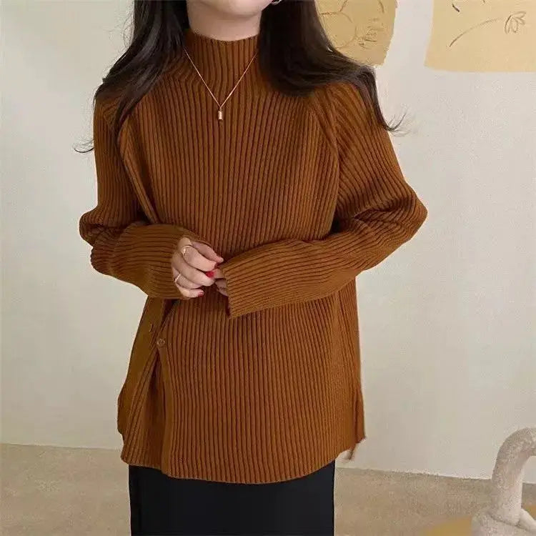 Women's Knit Sweater Off-white Loose Turtleneck Ladies PulloversButtons Slit Hot Sale Winter Offers Trend New Knitwear 2024 - reetell