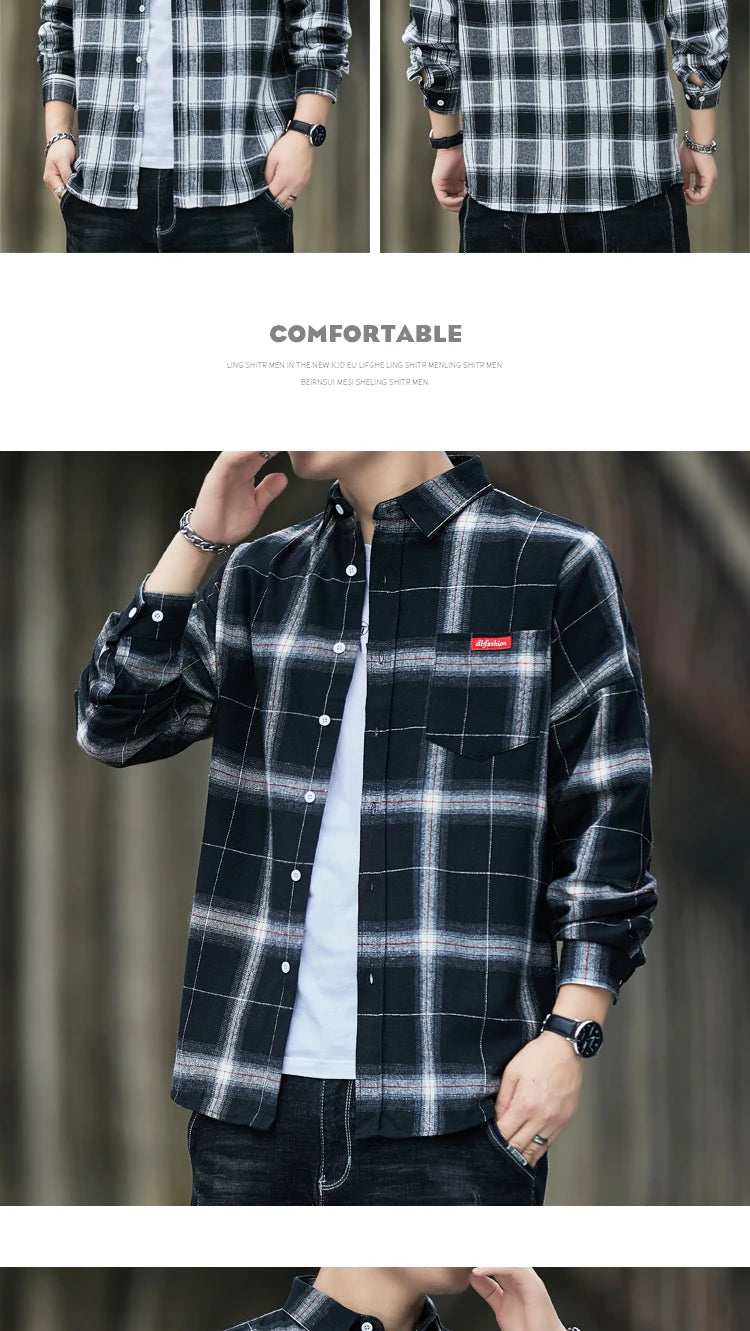 Autumn New Casual Men's Flannel Plaid Shirt Brand Male Business Office Red Black Checkered Long Sleeve Shirts Clothes