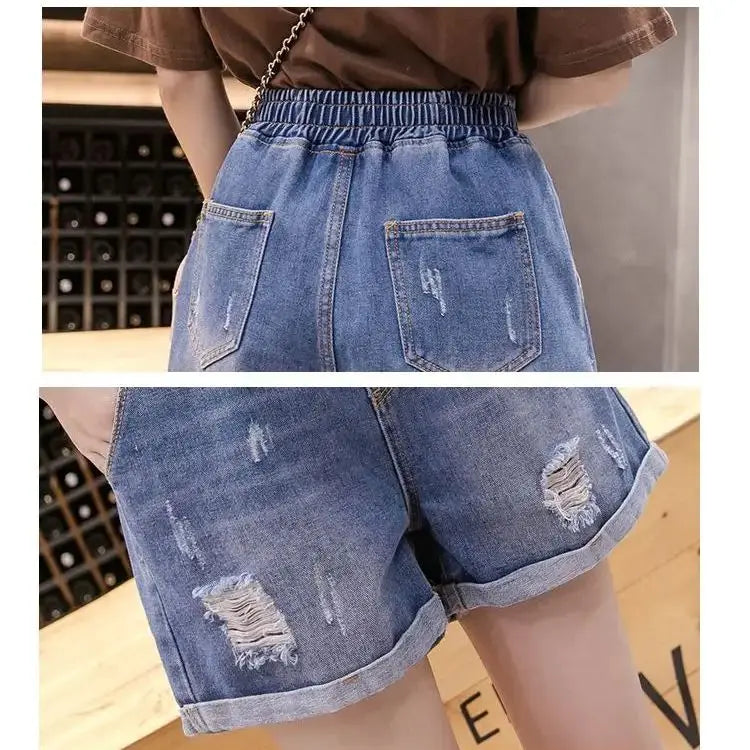 Large Size Broken Hole Cowboy Shorts Women Thin Section Wide Loose Tight High Waist Skinny A Word Wide Leg Fattening Hollowing - reetell