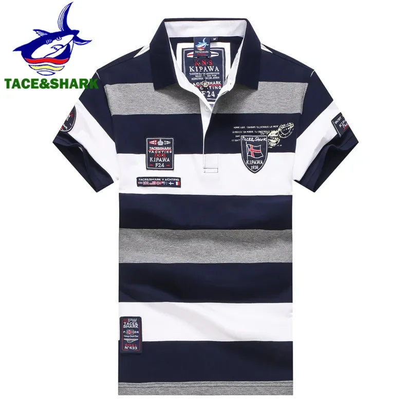 TACE&SHARK 2018 New style Fashion Summeer Men Wide stripe polos homme Casual embroidery Short sleeve polo shirt male para hombre