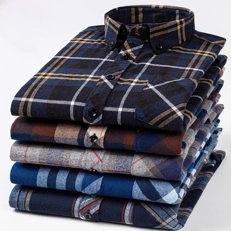 Cotton Mens Checkered Shirts Long Sleeve Soft Plaid Shirt Button Up Regular Fit Leisure Classical Vintage Comfortable Man Tops