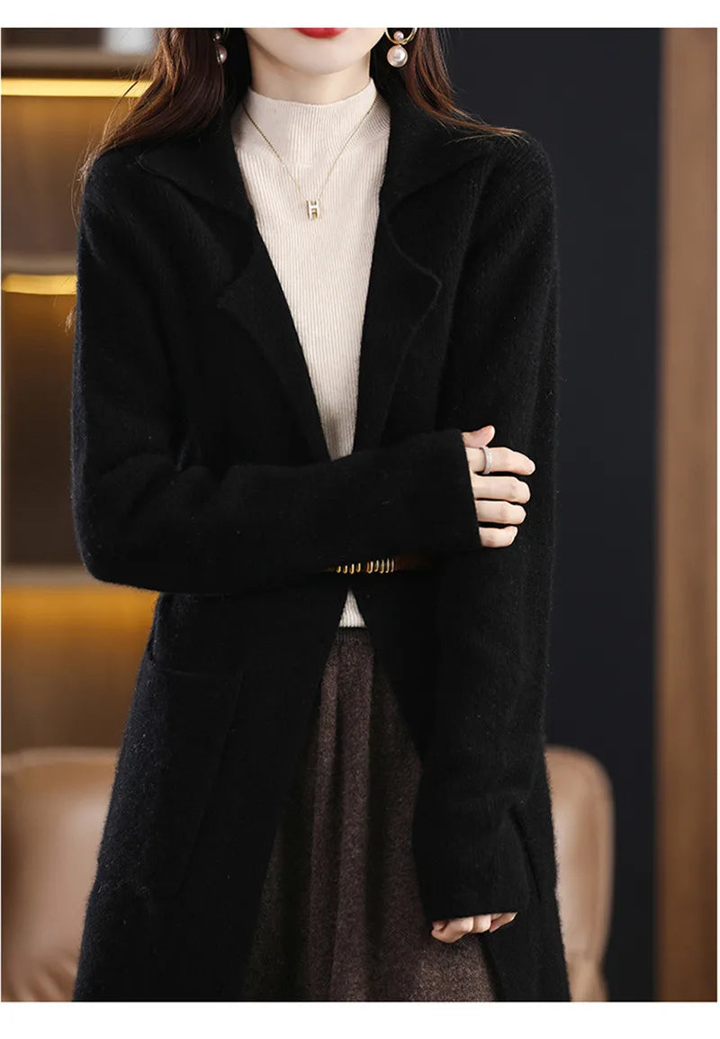 Limiguyue Wool Cashmere Sweater Long  Jacket Turn Down Collar Knit Cardigan Women Winter Autumn Soft Warm Knitwear Coat E329 - reetell