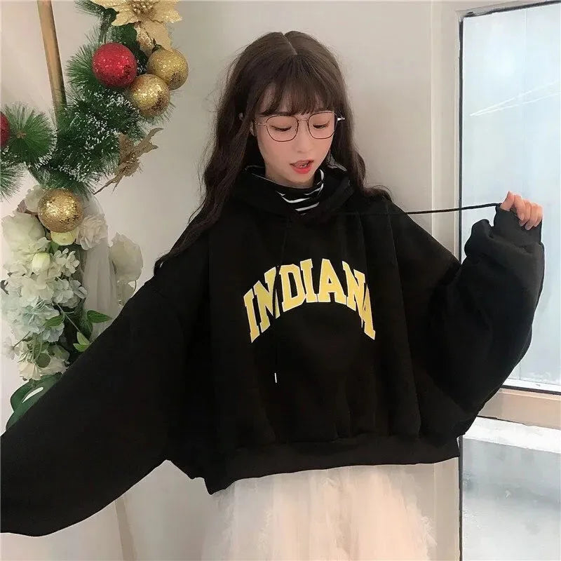 Autumn Thick Women Hoodies Fashion Loose Fake Two Piece Letter Printing Tops Harajuku Warm Preppy All Match Crop Sweatshirts - reetell