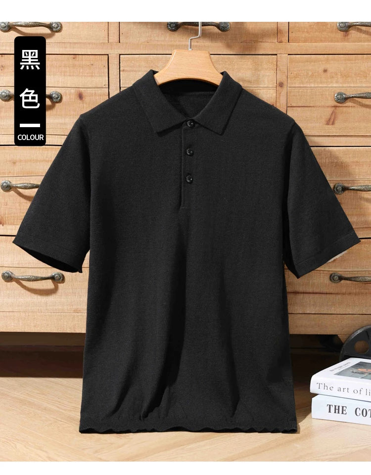 100% merino sweater summer men's lapel pullover short sleeve POLO neck sweater loose top knitted clothing plus size T-shirt