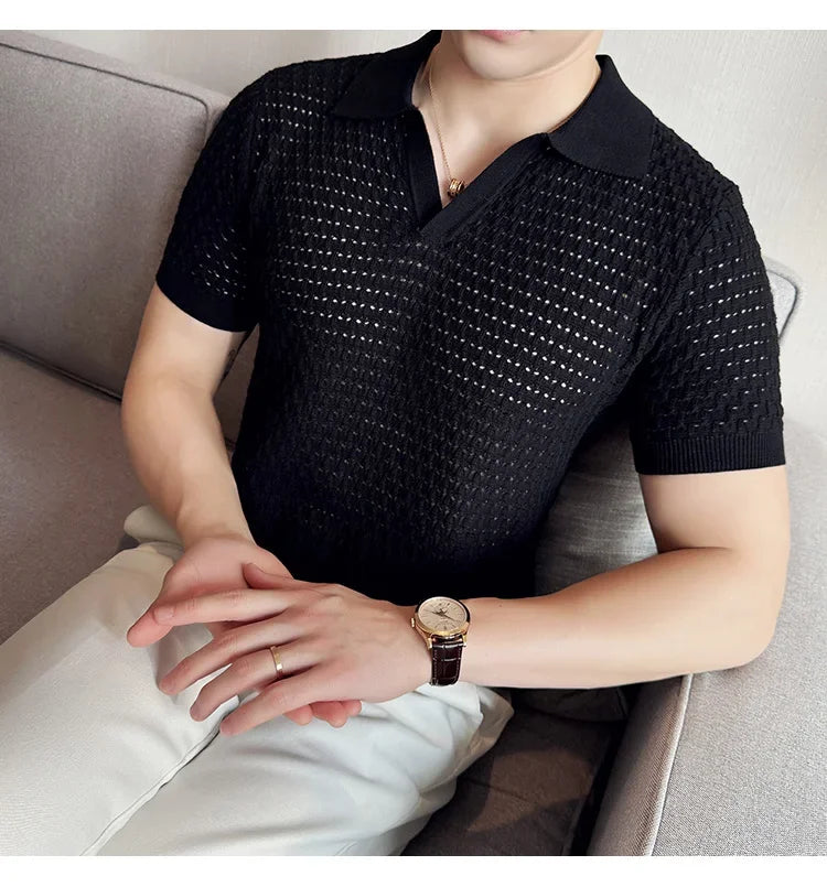 Men's Polo Shirt 2024 Summer New Light and Thin Knitted Hollow Solid Color Casual Short Sleeved V-neck T-shirt Men's Clothing