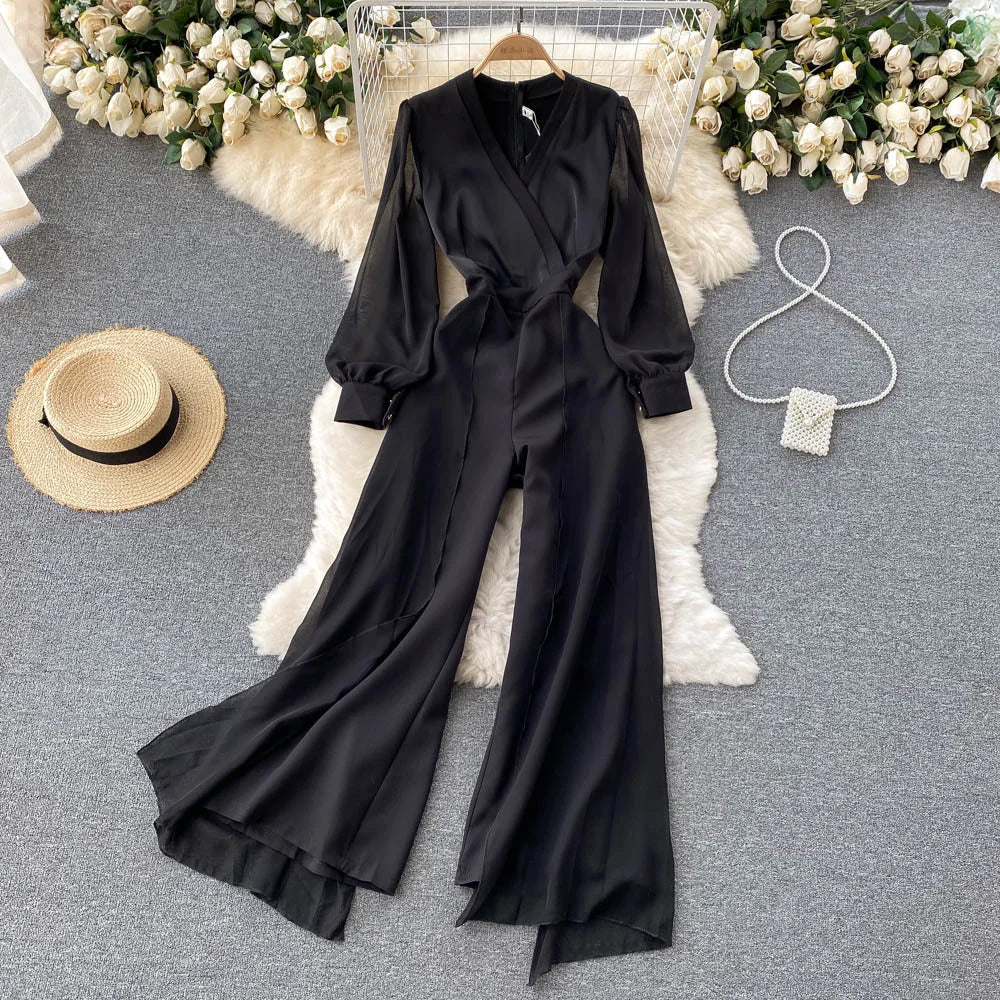 EWQ Elegant Style Chic Jumpsuit Women V-neck Long-sleeve Mesh Patchwork Solid Color Female Jumpsuits Autumn 2023 New 27SN3727