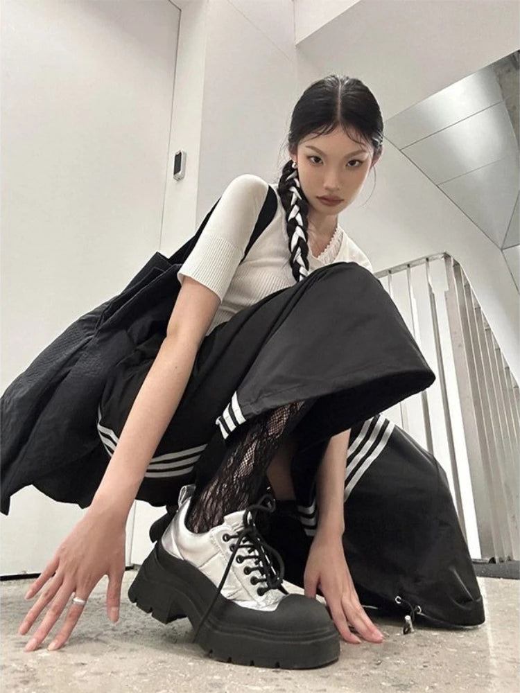 Y2K Parachute Skirt Women Vintage Streetwear Korean loose Side Striped Black Skirts New Casual Drawstring Aesthetics Skirt 2023 - reetell