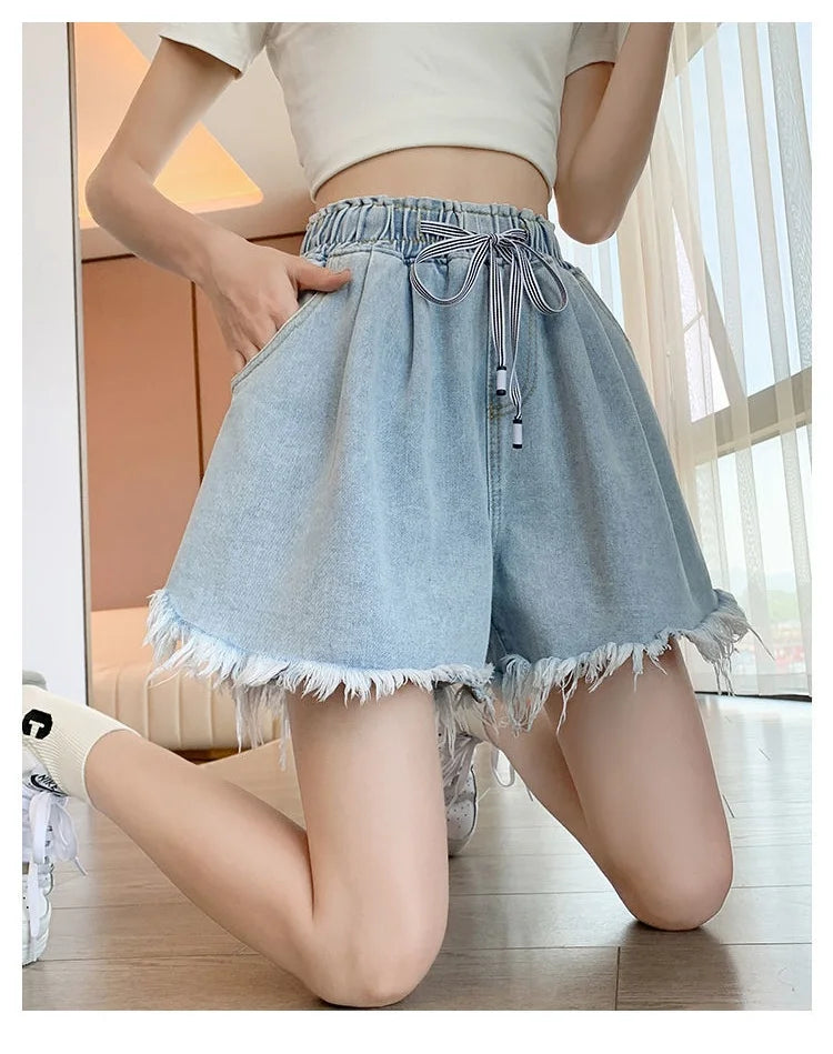 Big Size Denim Shorts Summer Thin Section Wide Leg Wide Loose Tight High Waist Female Students Fattening Women Tassel Wide - reetell