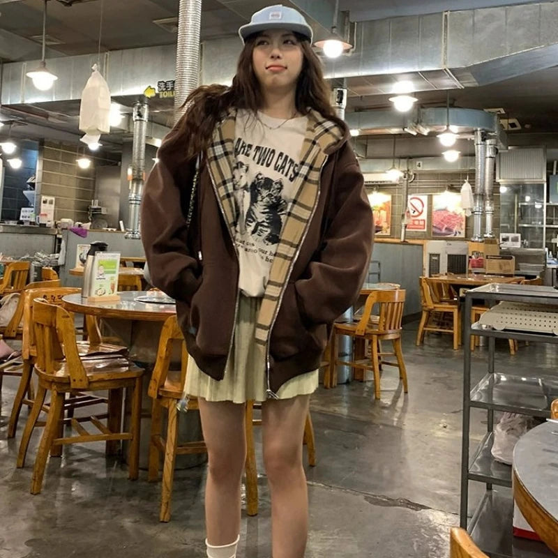 Women Vintage Zip Print Hoodies Harajuku Casual Oversized Splicing Plaid Loose Sweatshirt Medium Length Popular Cardigan Jacket - reetell