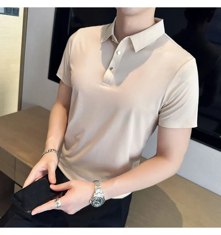 Ice Silk Traceless T-shirt Men's  Business Casual Solid Color Half Sleeve High Elasticity Top Silk Smooth Breathable POLO Shirt