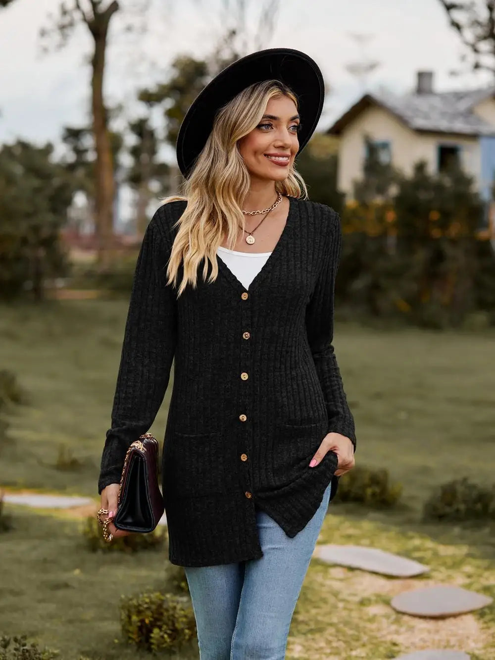 Solid Button Up Pocket Cardigan, Casual Long Sleeve Sweater For Spring & Fall, Women's Clothing - reetell