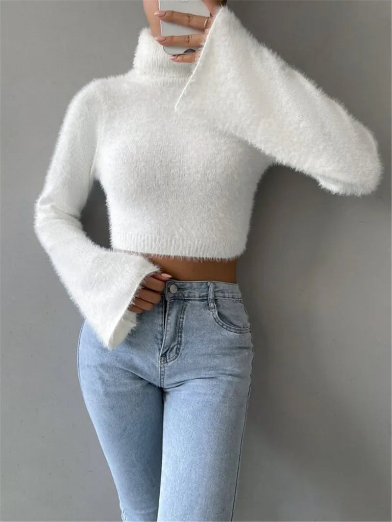 Autumn and winter Europe and the United States cross-border new Amazon turtleneck short belly button fleece sweater - reetell