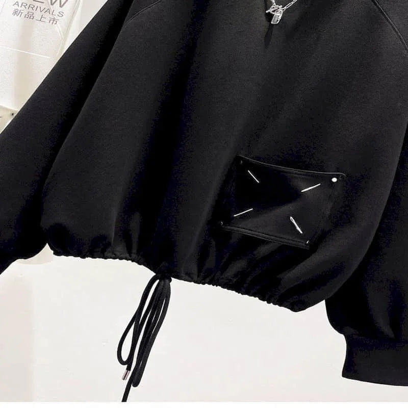 Design Pocket Pullovers Women Short Hem Drawstring Tops Spring Autumn Trend Pullover Korean Style Fashion Loose Sweatshirt Woman - reetell