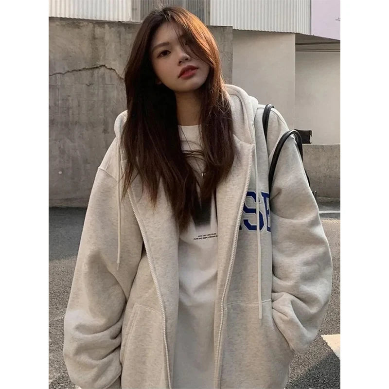 MEXZT Streetwear Zip Up Hoodies Women Oversized Letter Print Sweatshirt Harajuku Korean Plus Fleece Thick Casual All Match Tops - reetell