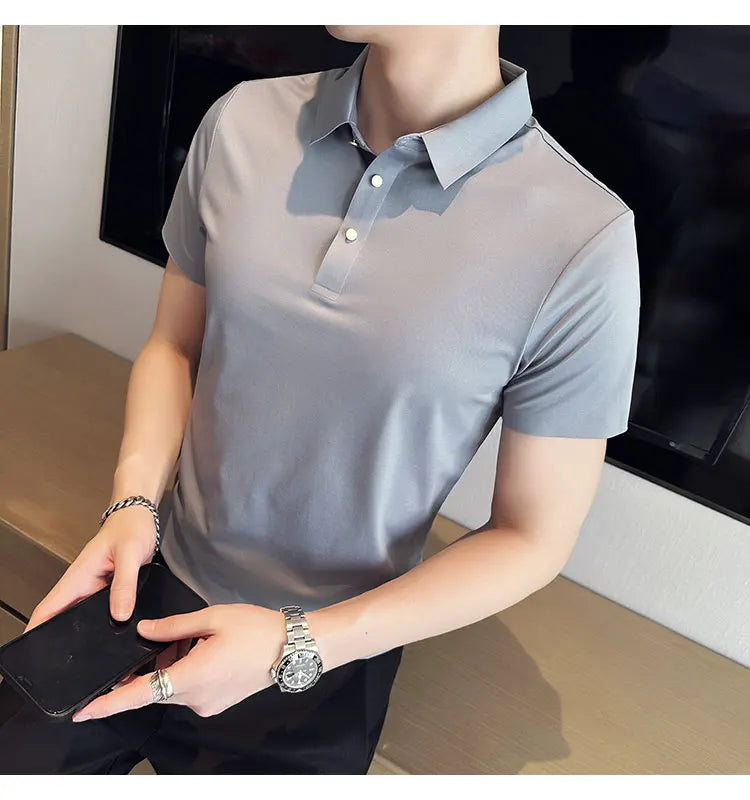 Ice Silk Traceless T-shirt Men's  Business Casual Solid Color Half Sleeve High Elasticity Top Silk Smooth Breathable POLO Shirt